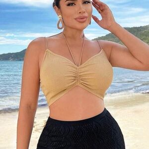 SXY Beige Waffle-Knit Rouched Crop Tank Top-Size XS